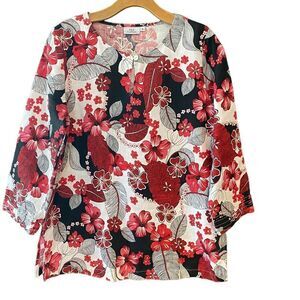 Hot Cotton Sz S Red Large Floral 100% Linen Flared Sleeve Relaxed Fit Top